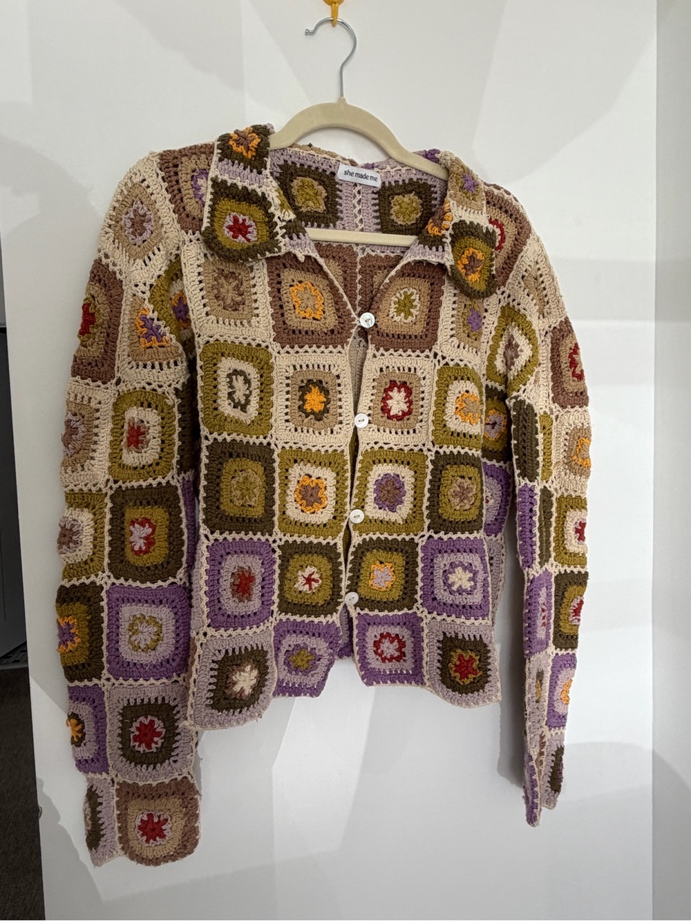 Crochet Granny-Square Sweater in Olive & Lavender
